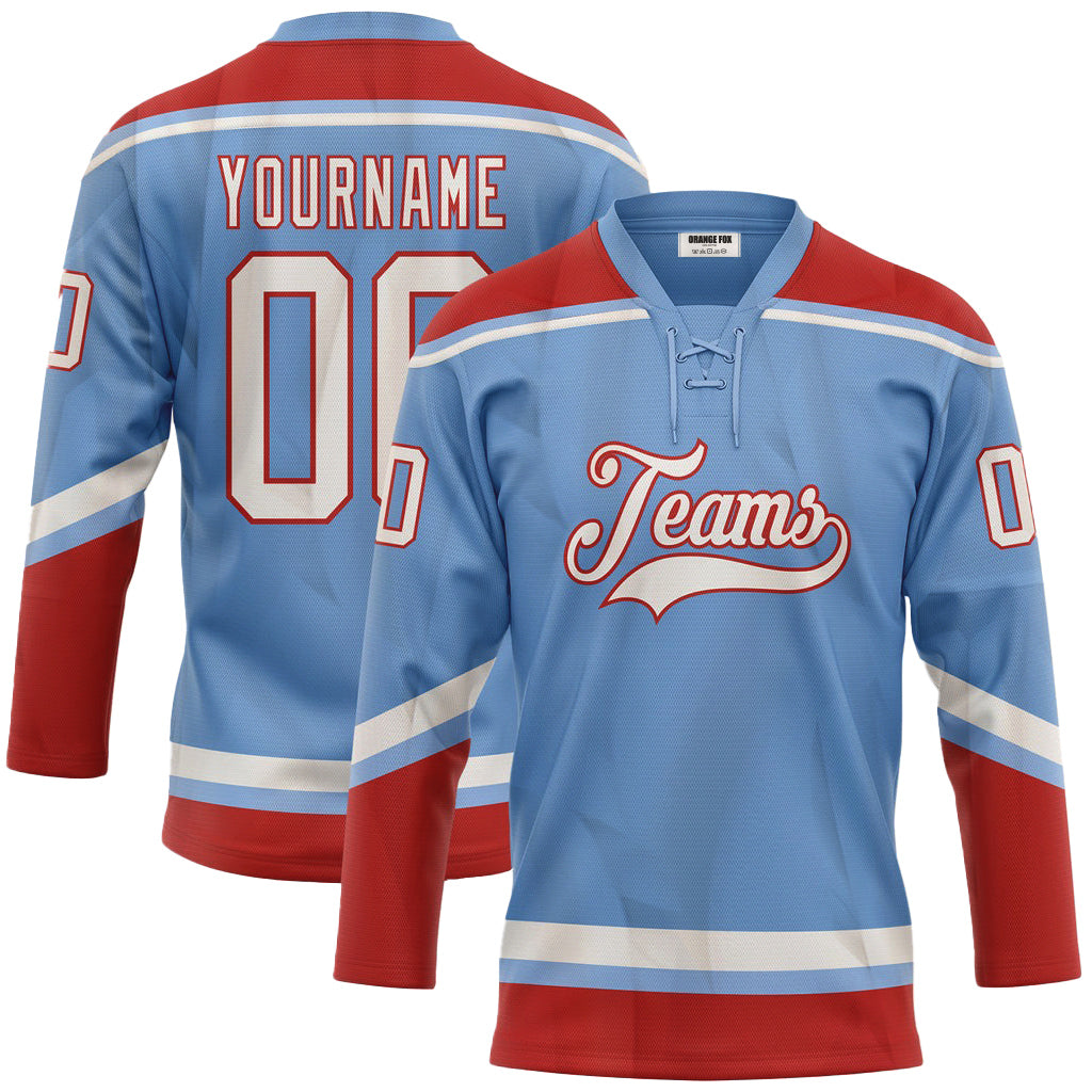 Custom Light Blue White-Red Neck Hockey Jersey For Men & Women