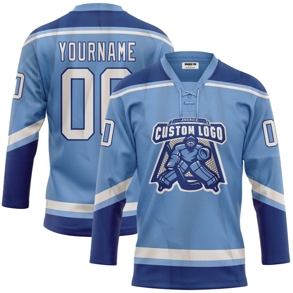 Custom Light Blue White-Royal Neck Hockey Jersey For Men & Women