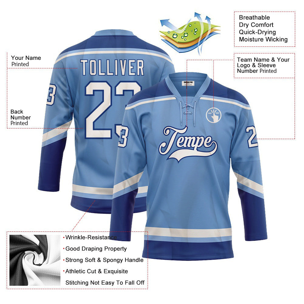 Custom Light Blue White-Royal Neck Hockey Jersey For Men & Women