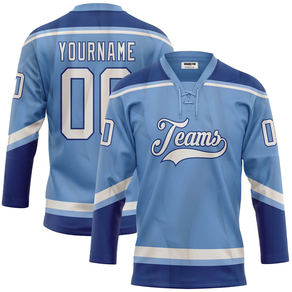 Custom Light Blue White-Royal Neck Hockey Jersey For Men & Women