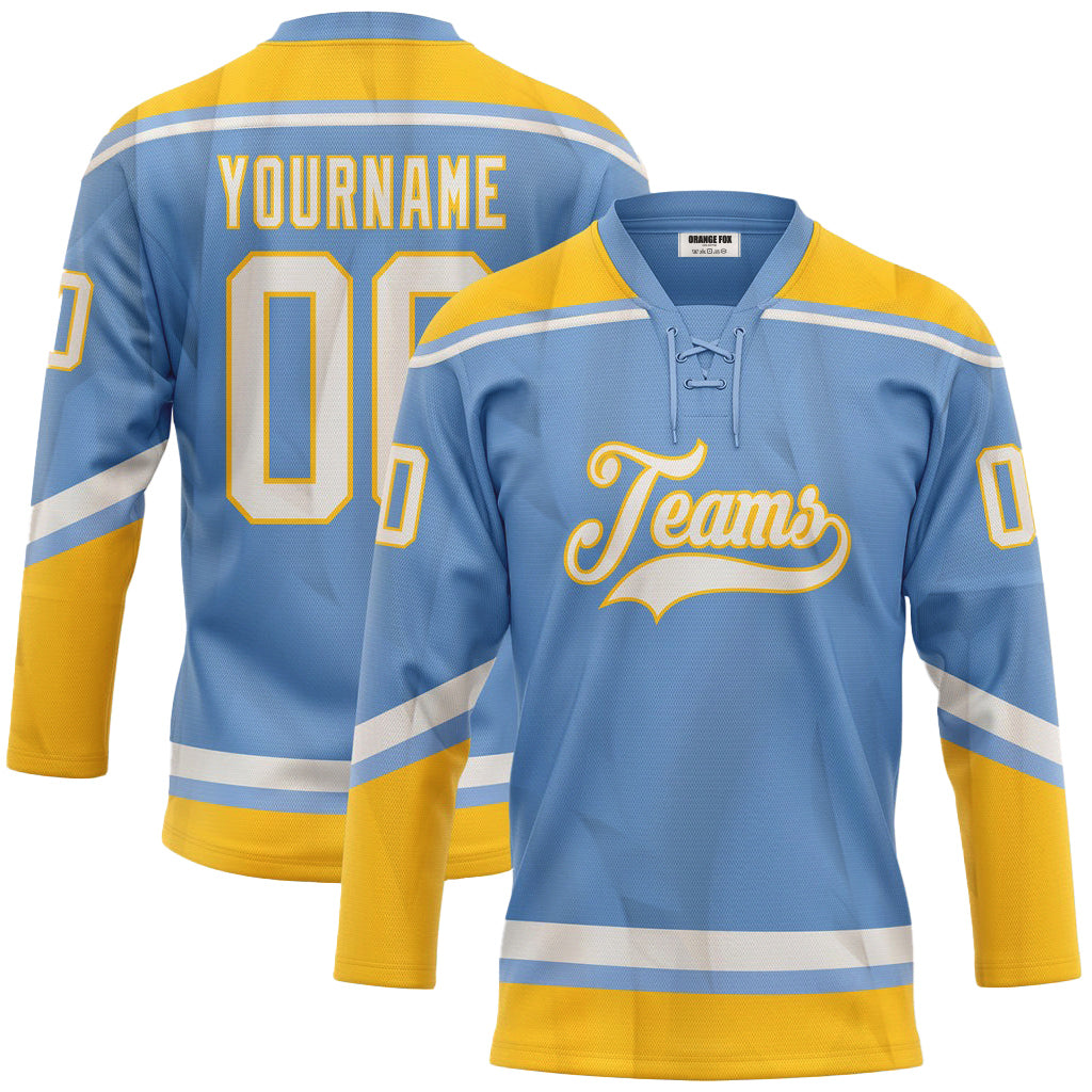 Custom Light Blue White-Yellow Neck Hockey Jersey For Men & Women