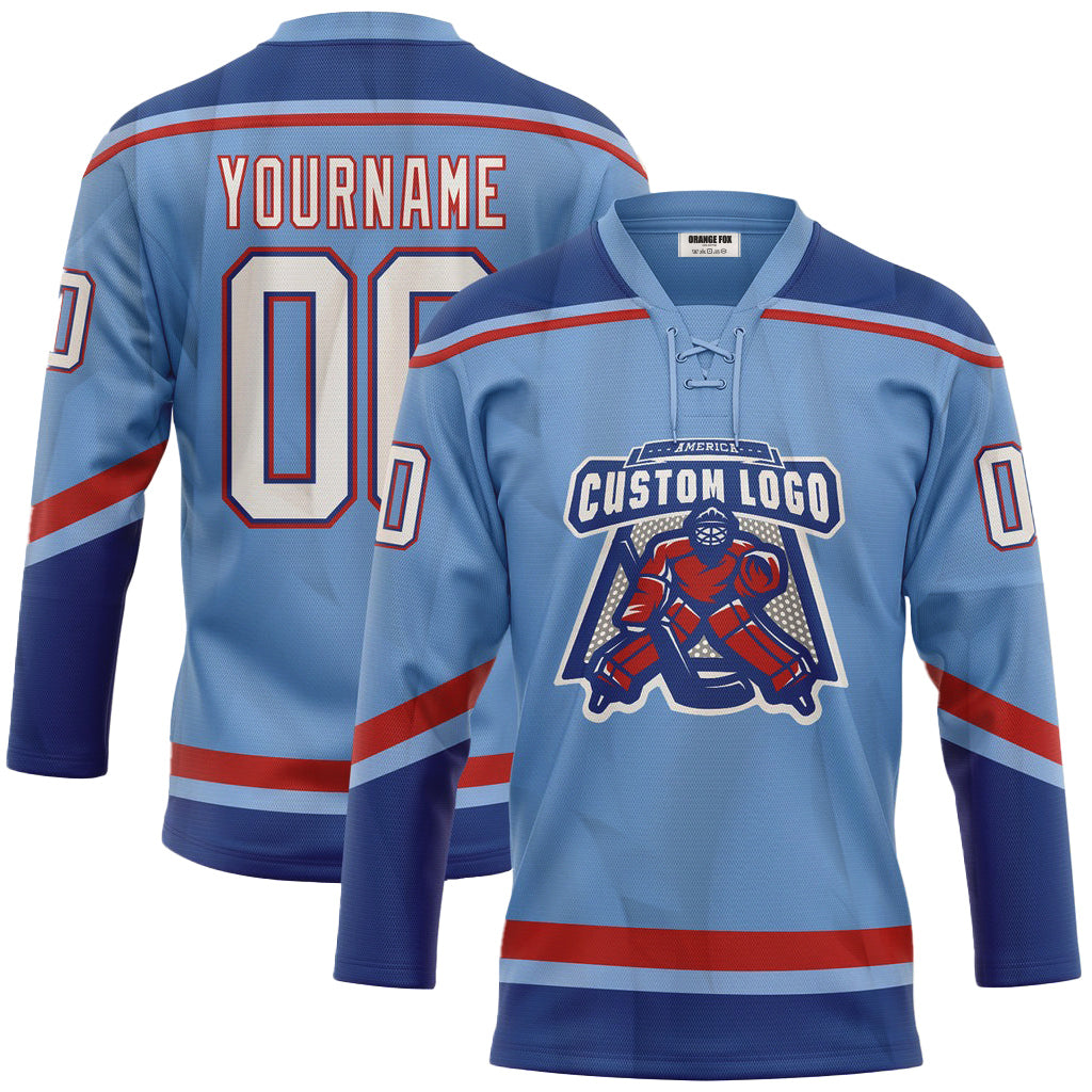 Custom Light Blue White Royal-Red Neck Hockey Jersey For Men & Women