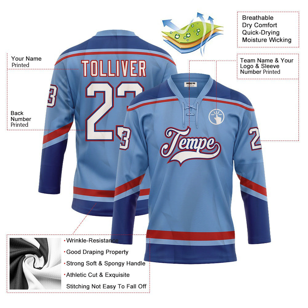 Custom Light Blue White Royal-Red Neck Hockey Jersey For Men & Women