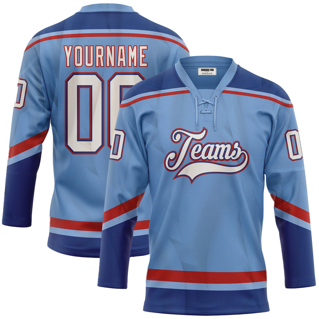 Custom Light Blue White Royal-Red Neck Hockey Jersey For Men & Women