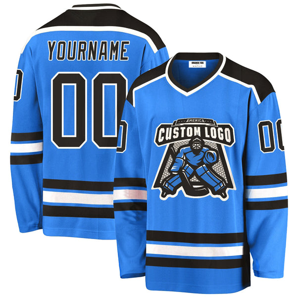 Custom Logo Powder Blue Black-White V Neck Hockey Jersey For Men & Women