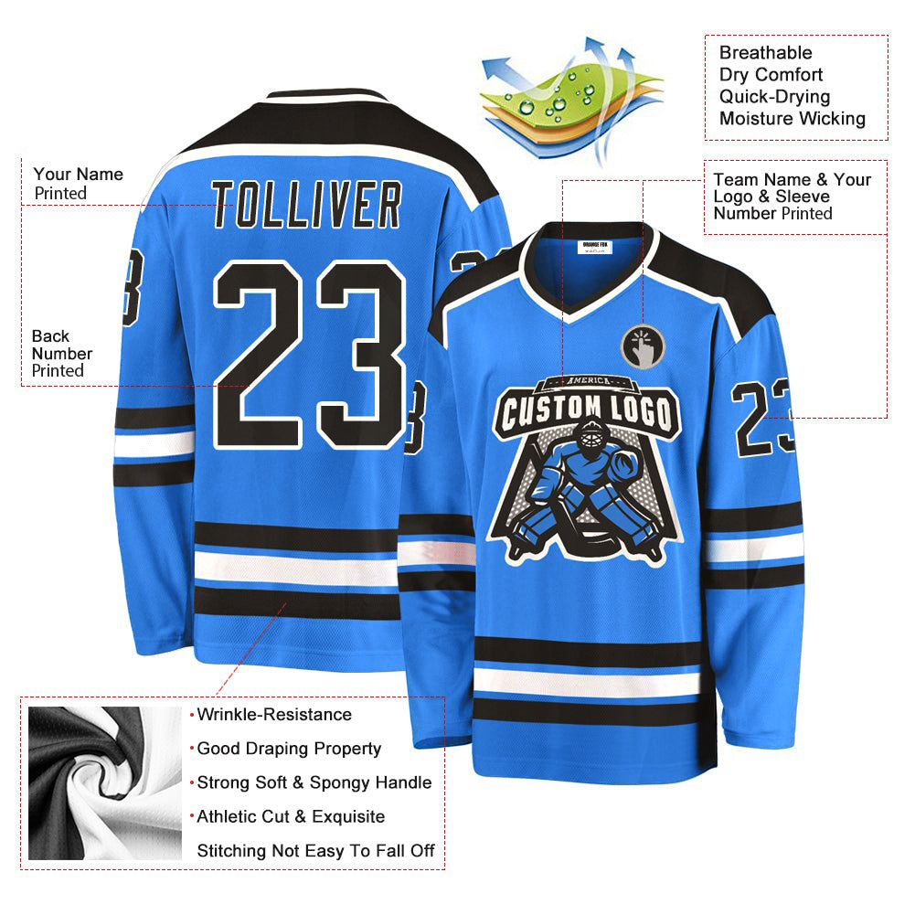 Custom Logo Powder Blue Black-White V Neck Hockey Jersey For Men & Women