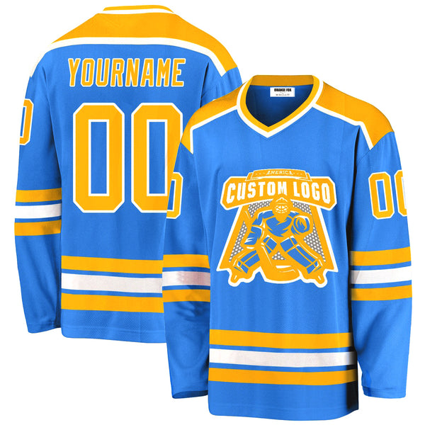 Custom  Logo Powder Blue Gold-White V Neck Hockey Jersey For Men & Women