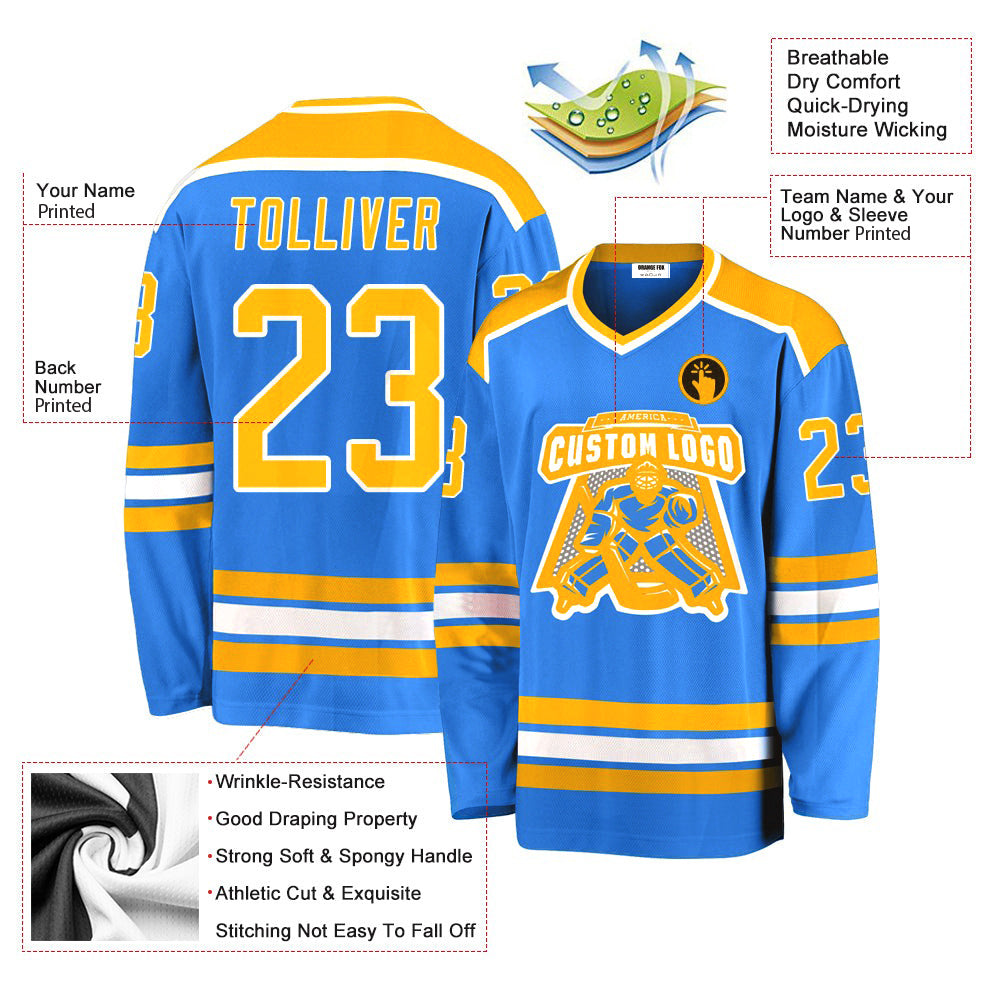 Custom  Logo Powder Blue Gold-White V Neck Hockey Jersey For Men & Women