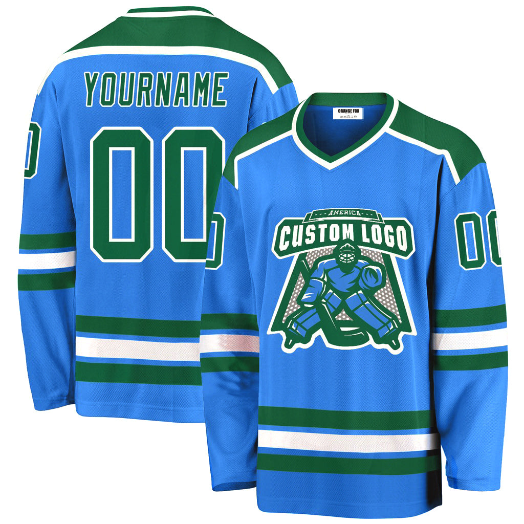 Custom Logo Powder Blue Kelly Green-White V Neck Hockey Jersey For Men & Women