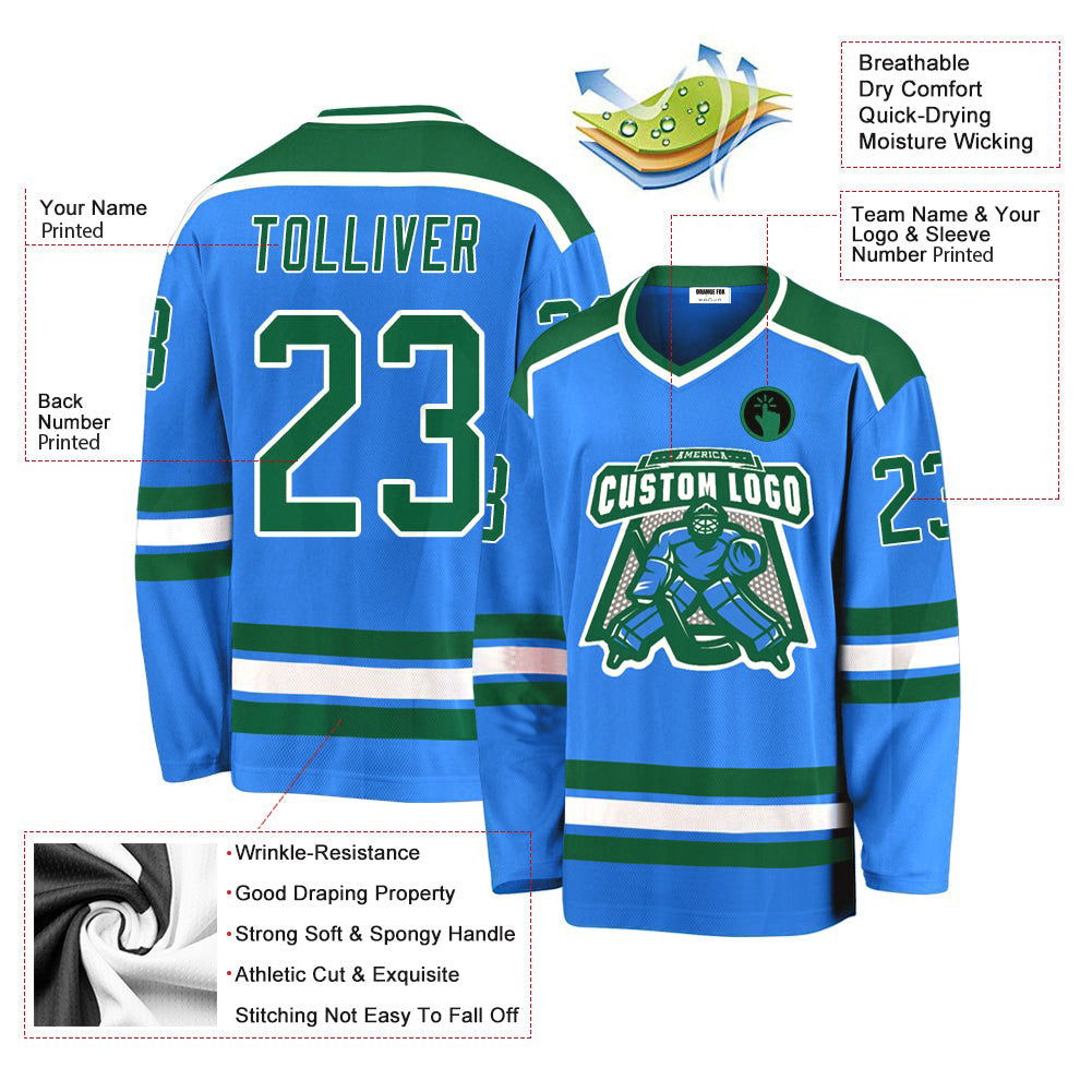 Custom Logo Powder Blue Kelly Green-White V Neck Hockey Jersey For Men & Women