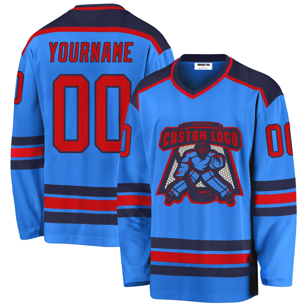 Custom Logo Powder Blue Red-Navy V Neck Hockey Jersey For Men & Women