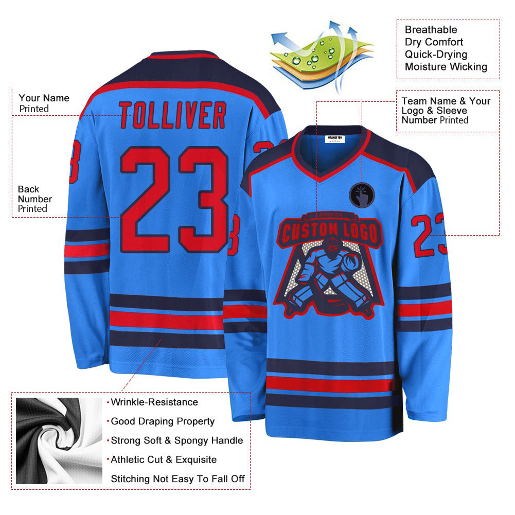 Custom Logo Powder Blue Red-Navy V Neck Hockey Jersey For Men & Women