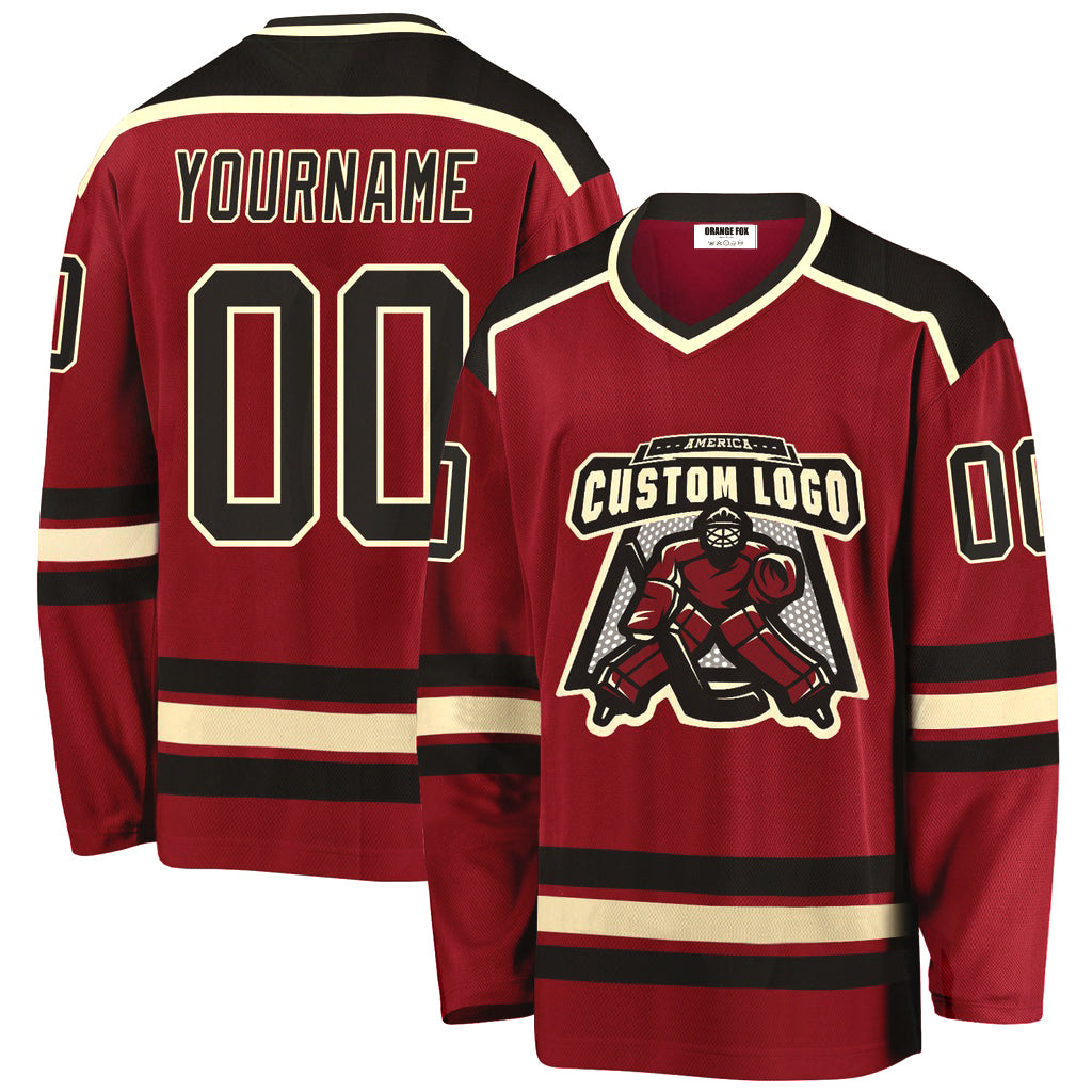 Custom Maroon Black-Cream V Neck Hockey Jersey For Men & Women