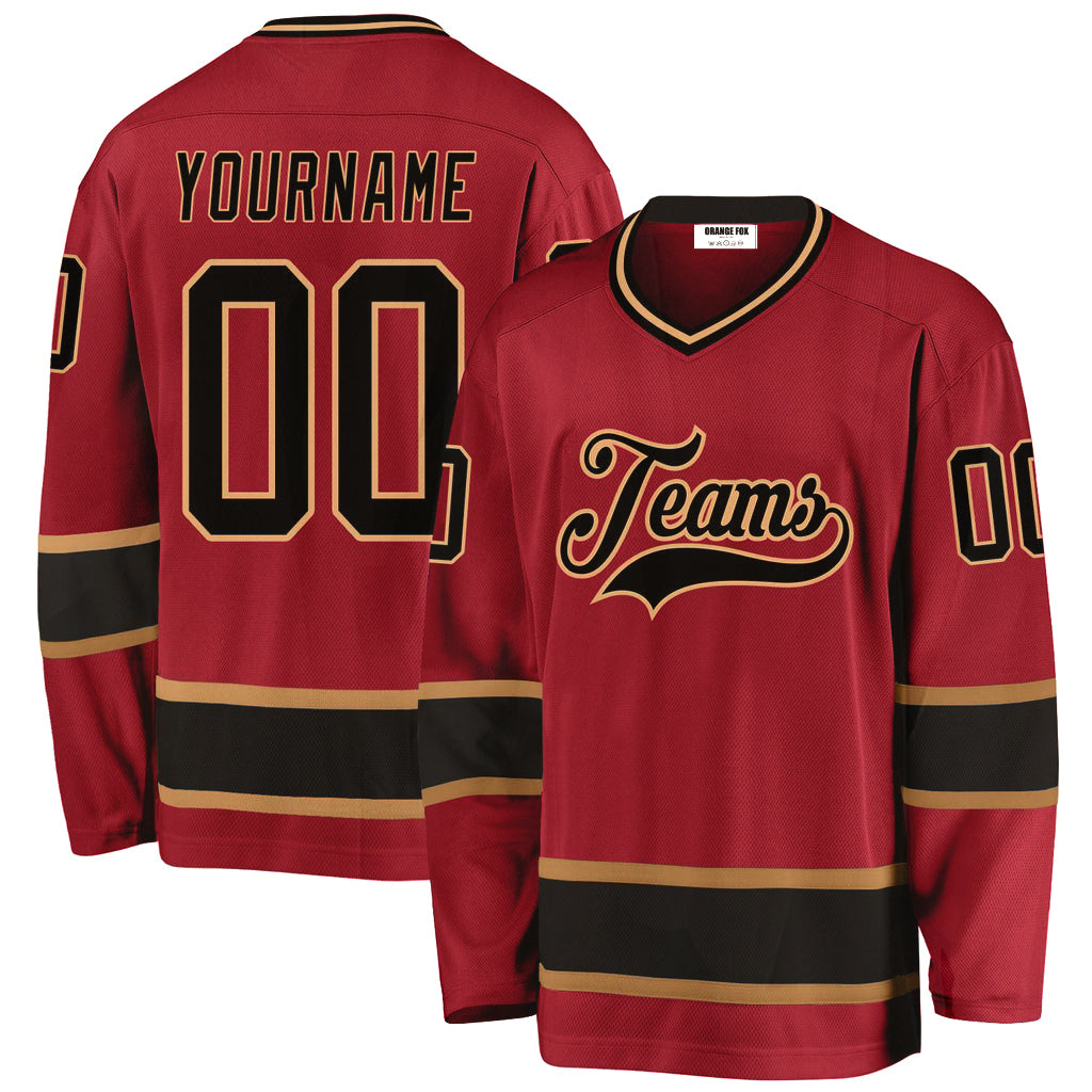 Custom Maroon Black-Old Gold V Neck Hockey Jersey For Men & Women