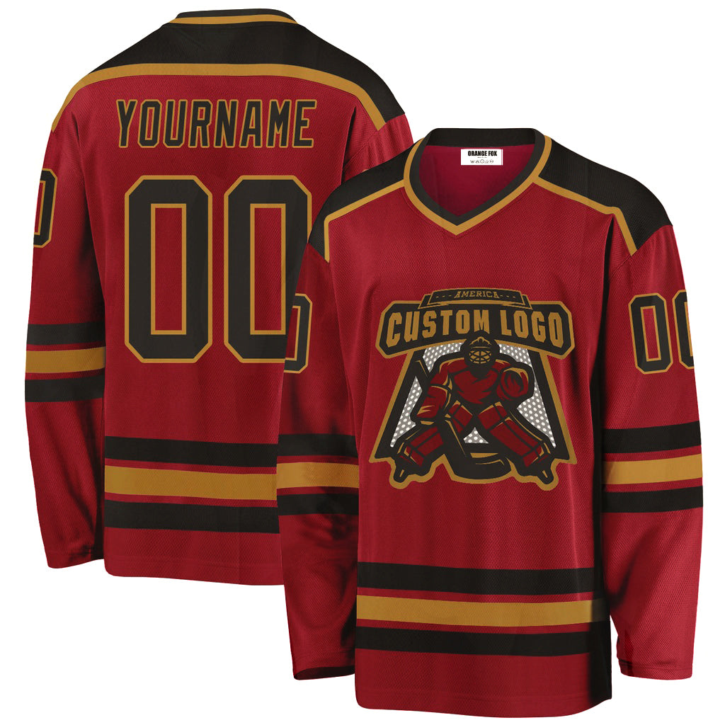 Custom Maroon Black-Old Gold V Neck Hockey Jersey For Men & Women