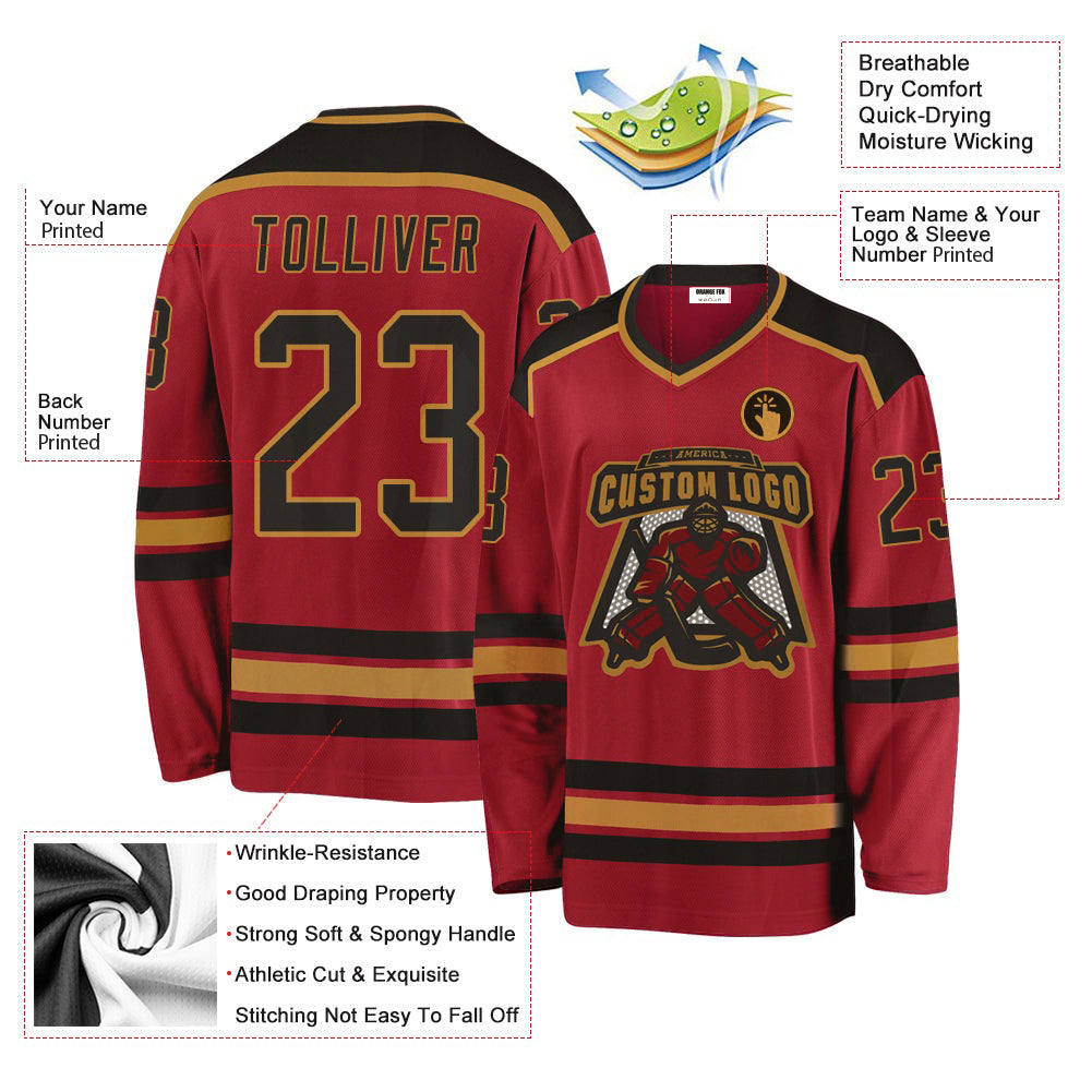 Custom Maroon Black-Old Gold V Neck Hockey Jersey For Men & Women