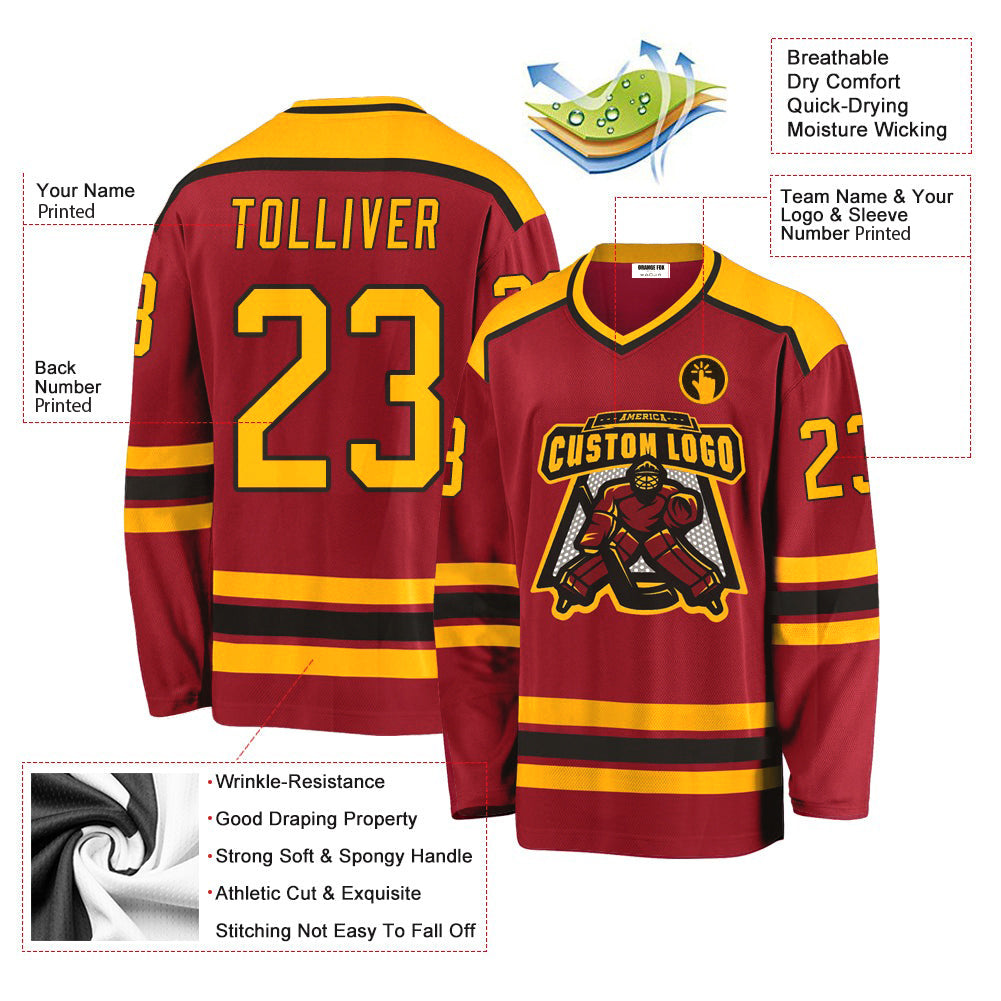 Custom Maroon Gold-Black V Neck Hockey Jersey For Men & Women