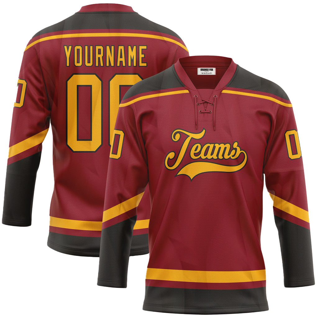 Custom Maroon Gold-Black Neck Hockey Jersey For Men & Women