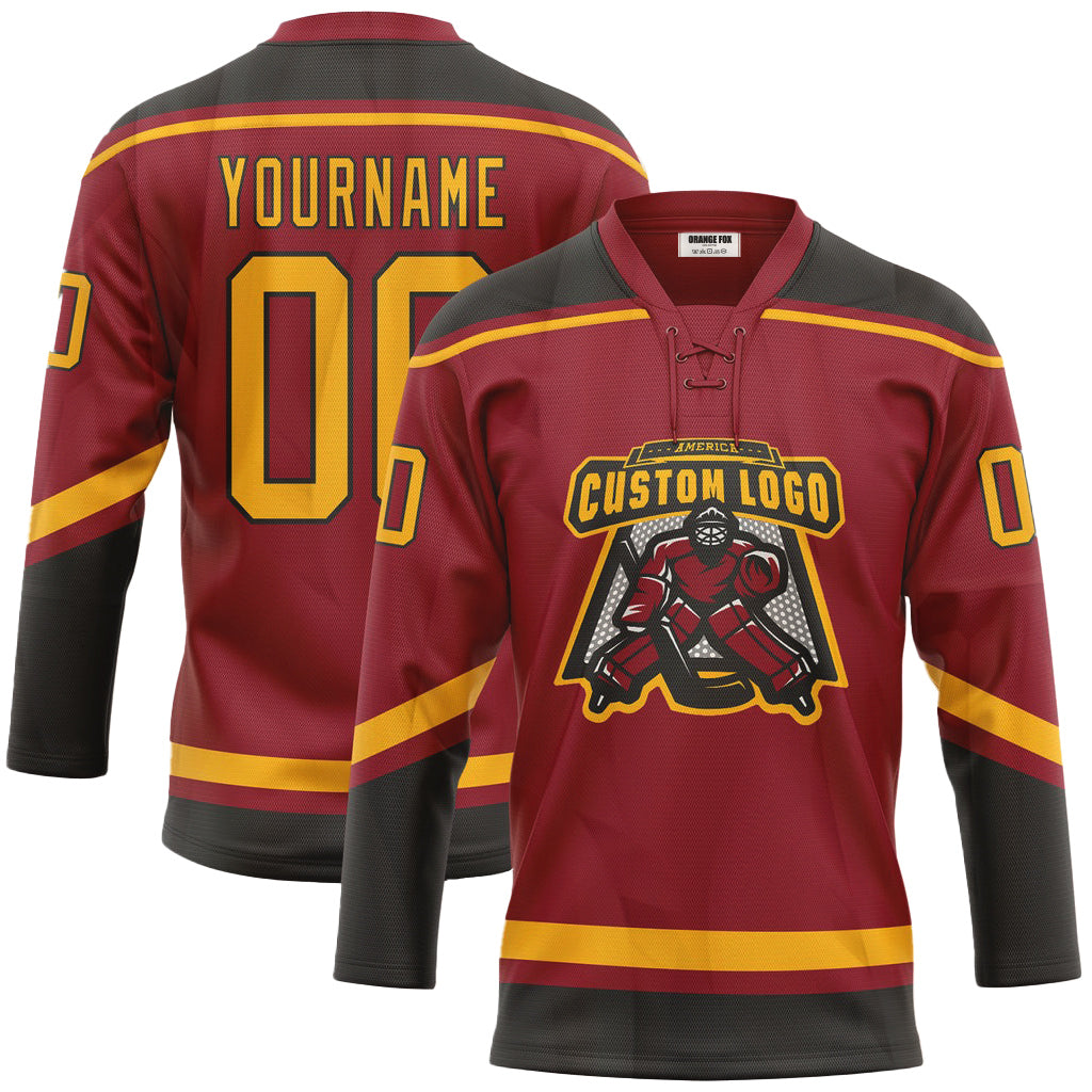 Custom Maroon Gold-Black Neck Hockey Jersey For Men & Women