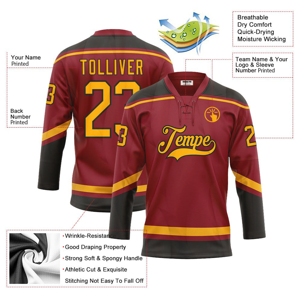 Custom Maroon Gold-Black Neck Hockey Jersey For Men & Women