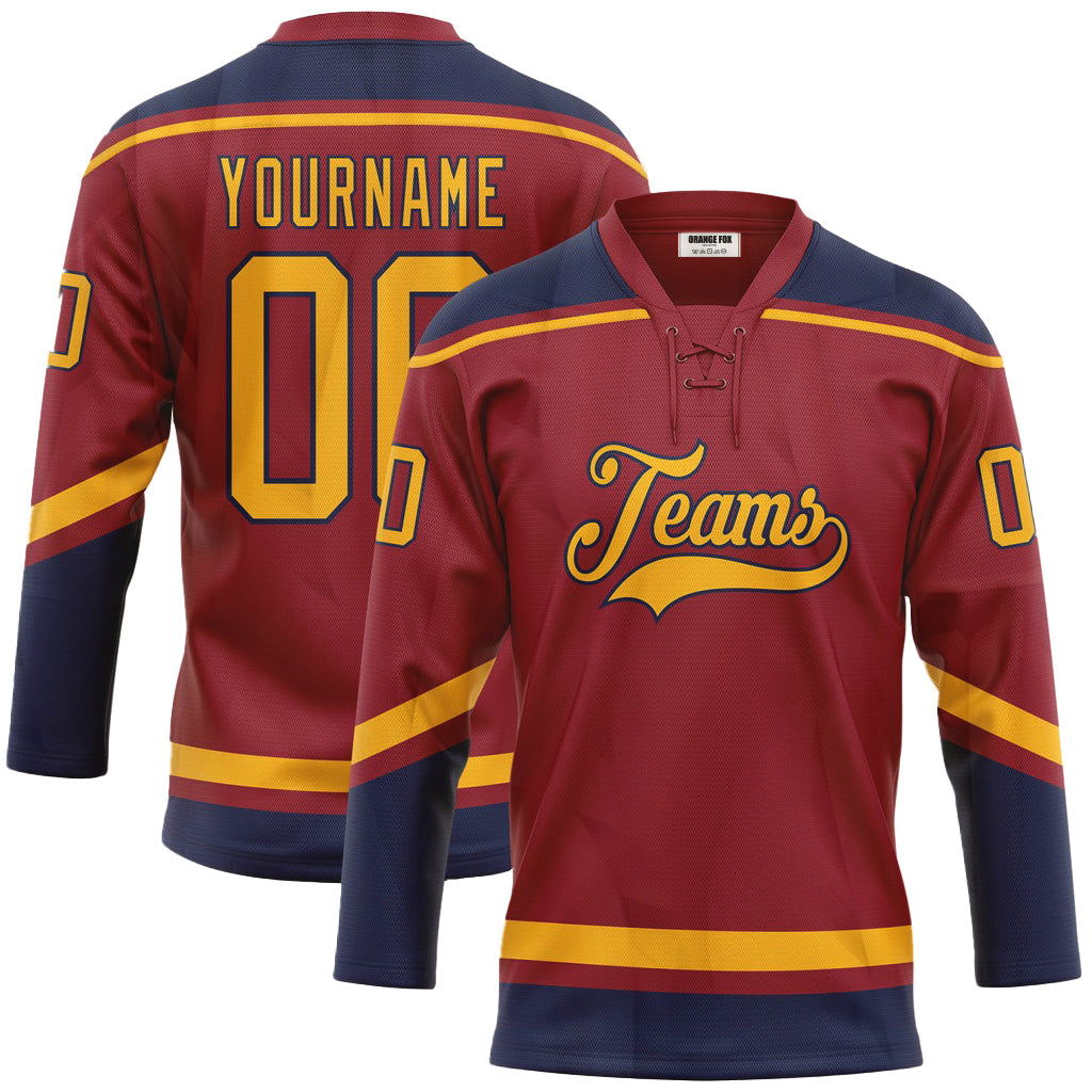 Custom Maroon Gold-Navy Neck Hockey Jersey For Men & Women