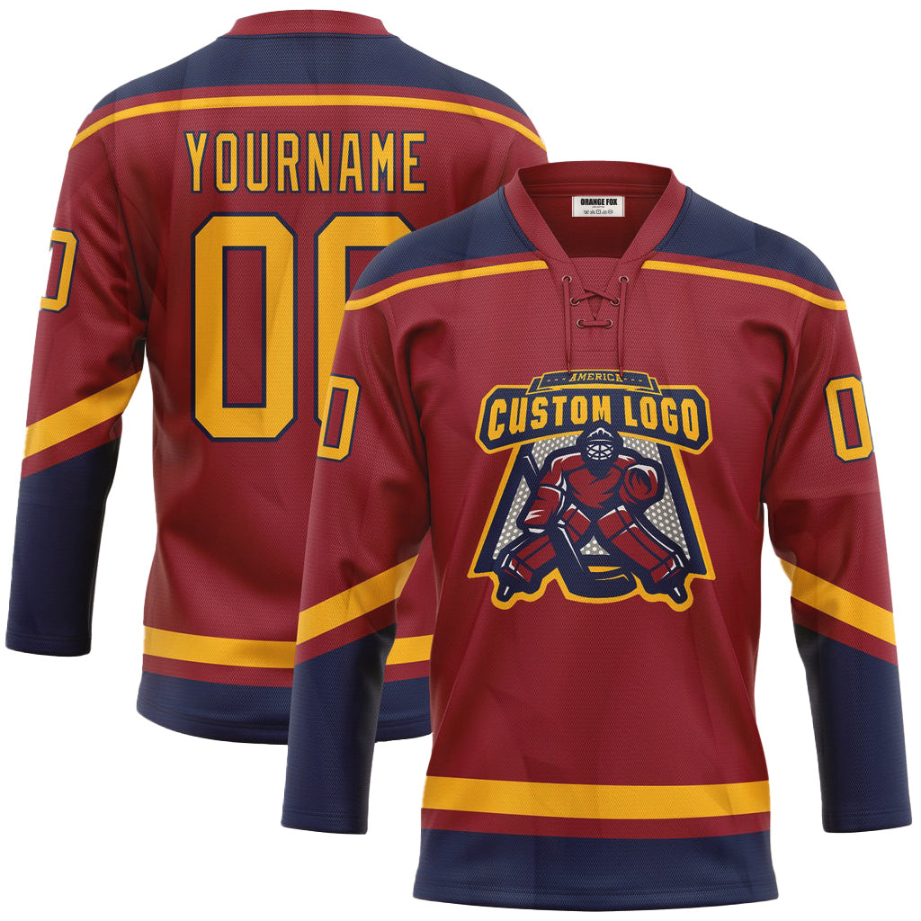 Custom Maroon Gold-Navy Neck Hockey Jersey For Men & Women