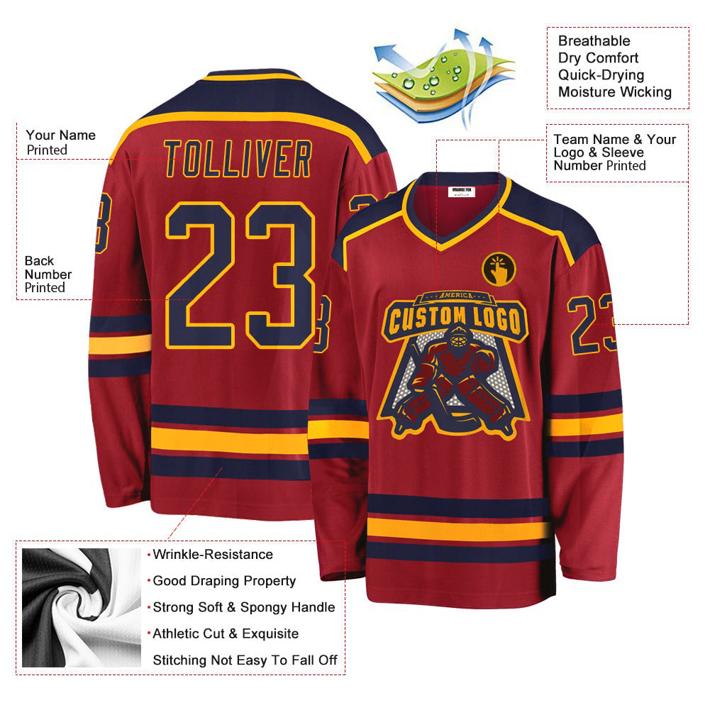 Custom Maroon Navy-Gold V Neck Hockey Jersey For Men & Women