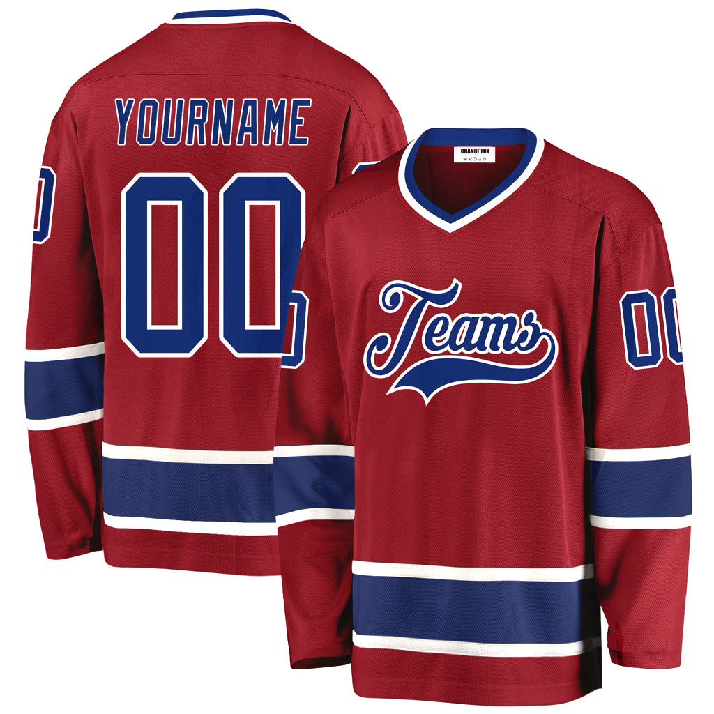 Custom Maroon Royal- Blue White V Neck Hockey Jersey For Men & Women