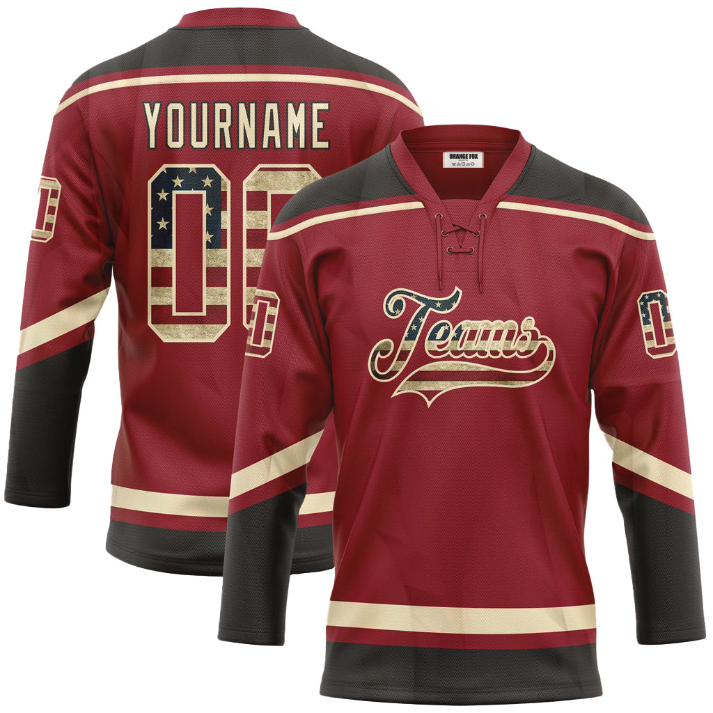 Custom Maroon Vintage USA Flag Cream-Black Neck Hockey Jersey For Men & Women