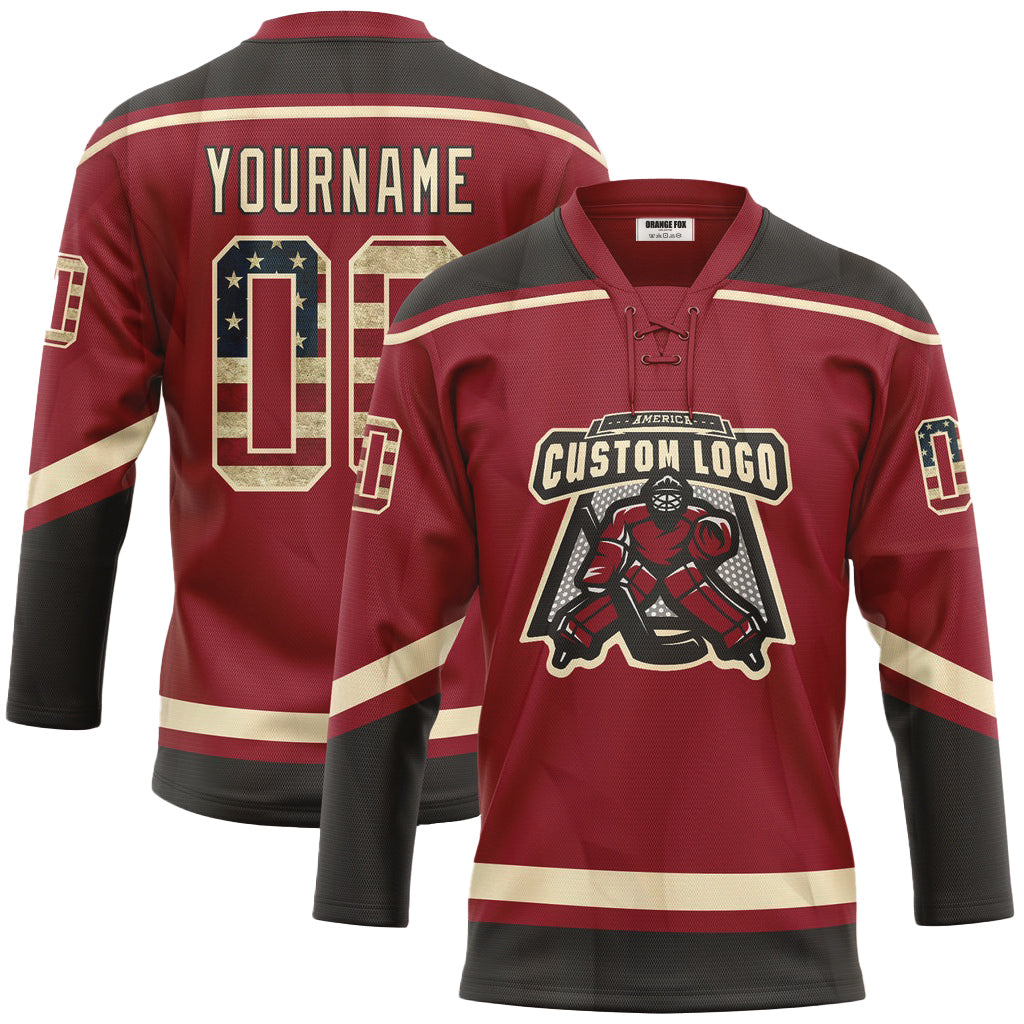 Custom Maroon Vintage USA Flag Cream-Black Neck Hockey Jersey For Men & Women