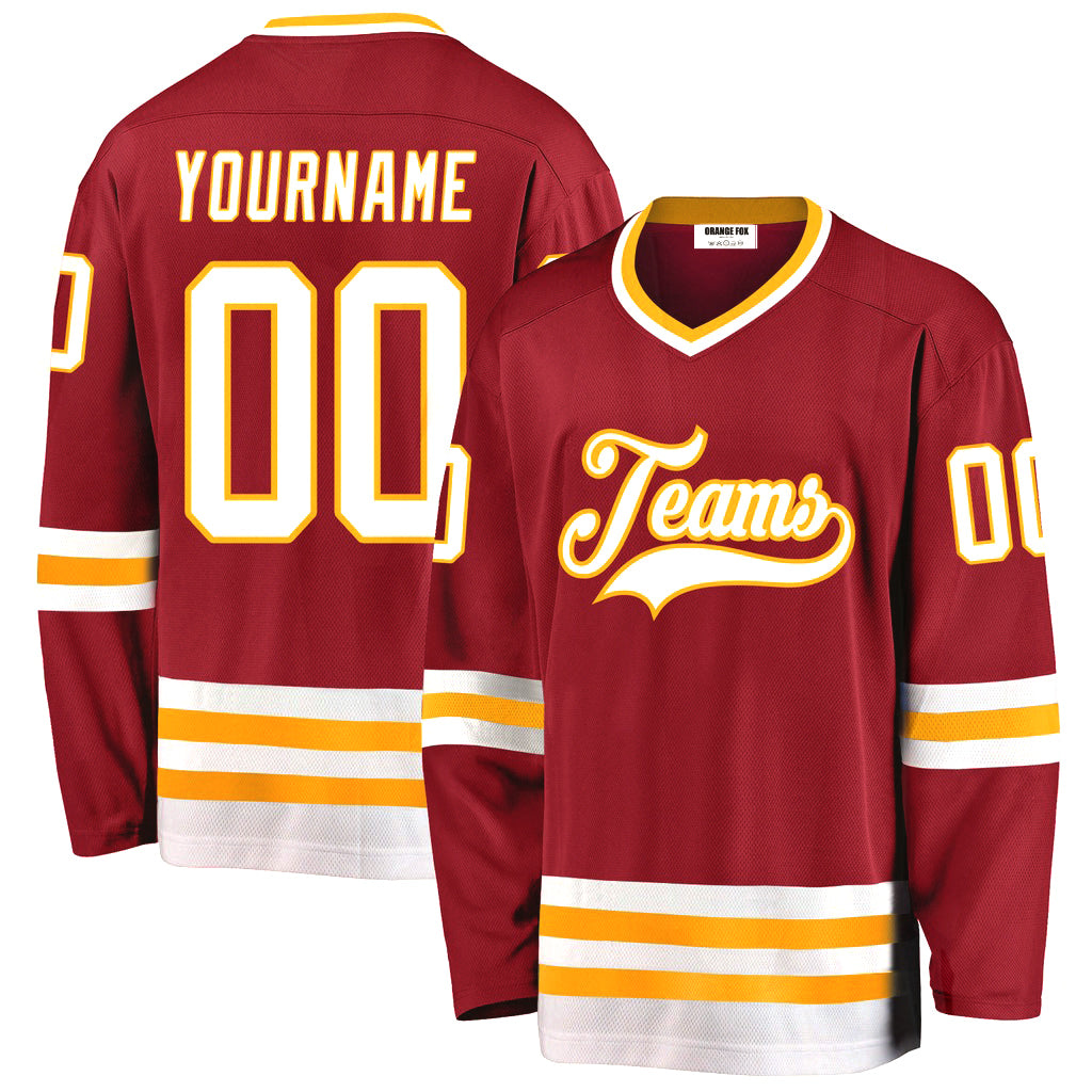 Custom Maroon White-Gold V Neck Hockey Jersey For Men & Women