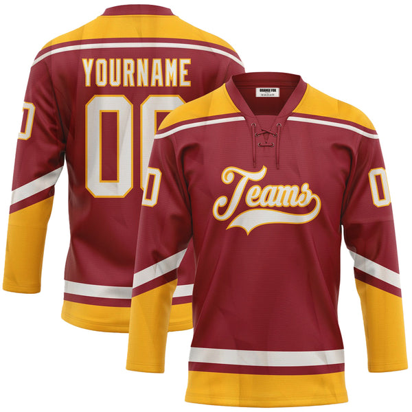 Custom Maroon White-Gold Neck Hockey Jersey For Men & Women