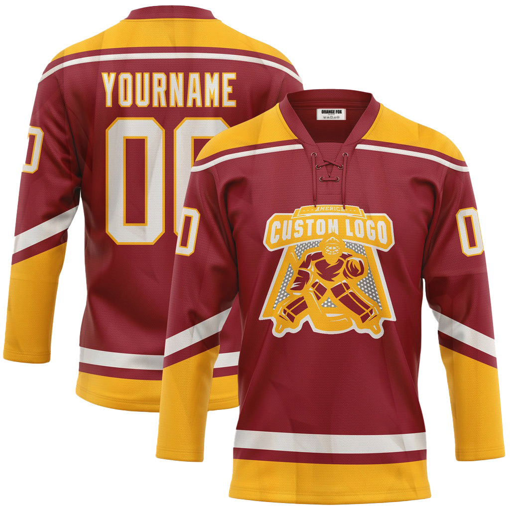 Custom Maroon White-Gold Neck Hockey Jersey For Men & Women