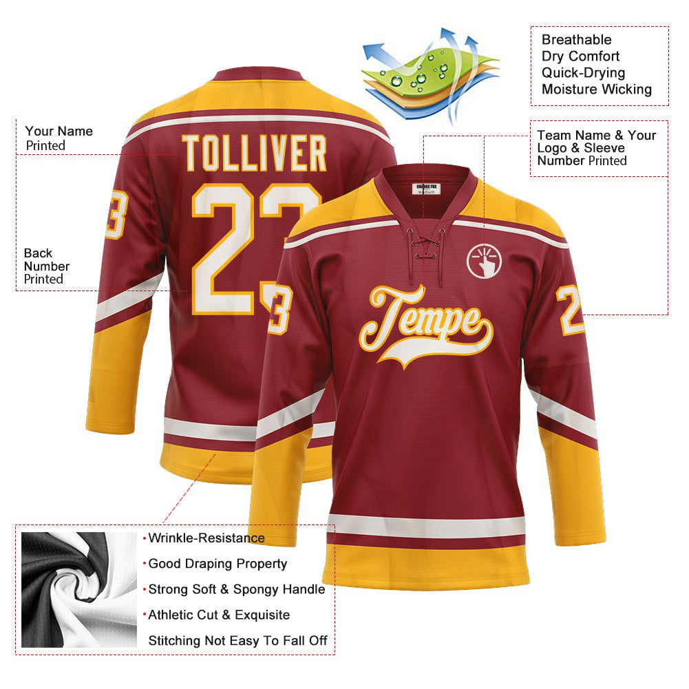 Custom Maroon White-Gold Neck Hockey Jersey For Men & Women