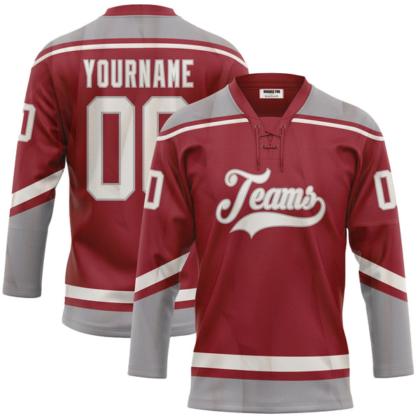 Custom Maroon White-Gray Neck Hockey Jersey For Men & Women