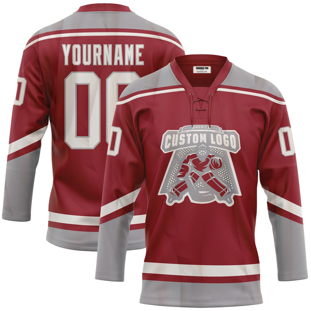 Custom Maroon White-Gray Neck Hockey Jersey For Men & Women