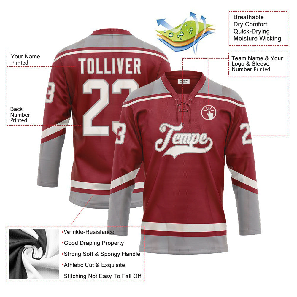 Custom Maroon White-Gray Neck Hockey Jersey For Men & Women