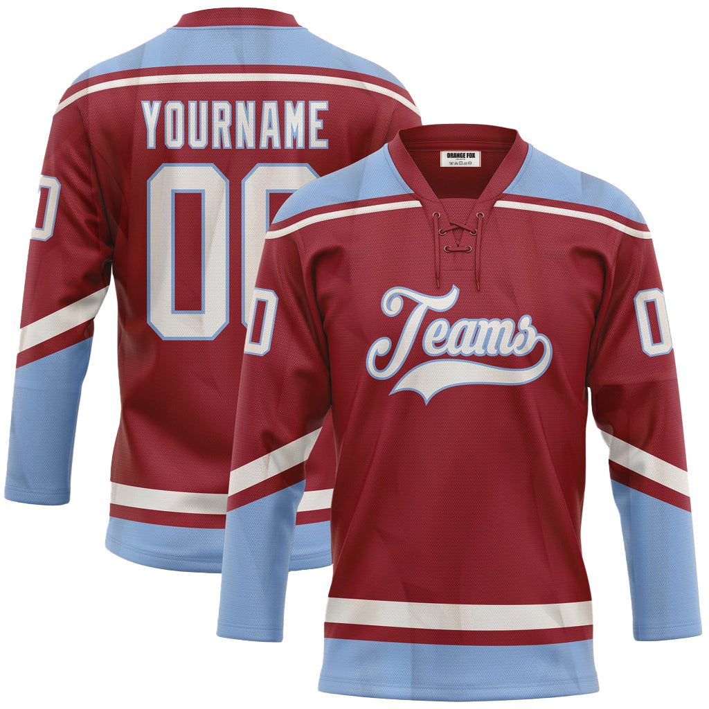 Custom Maroon White-Light Blue Neck Hockey Jersey For Men & Women