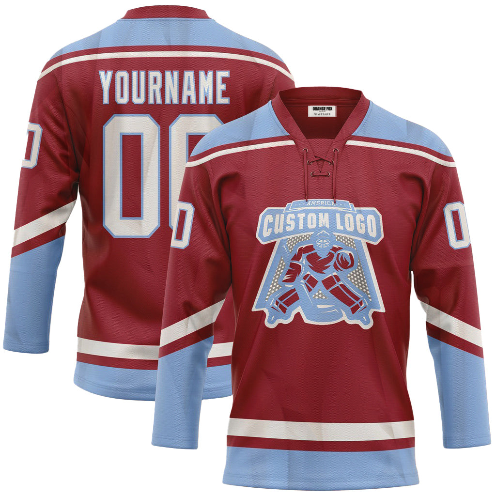 Custom Maroon White-Light Blue Neck Hockey Jersey For Men & Women