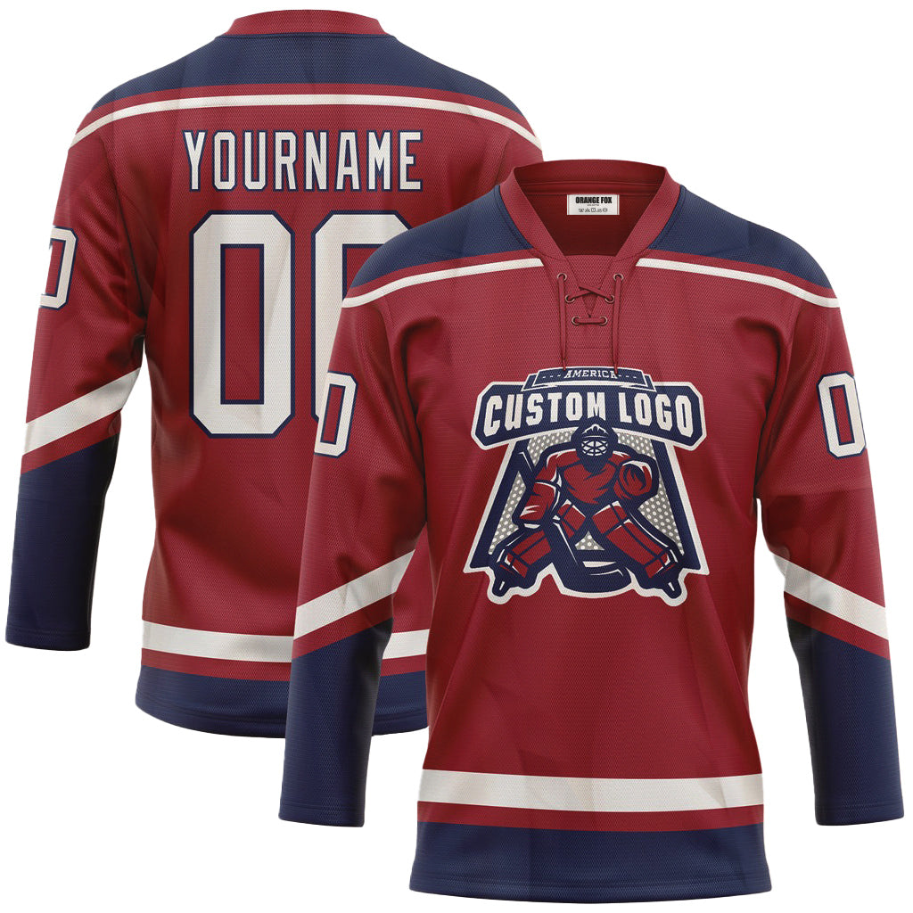 Custom Maroon White-Navy Neck Hockey Jersey For Men & Women