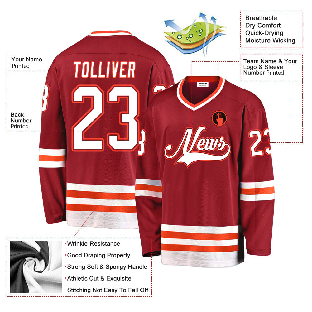 Custom Maroon White-Orange V Neck Hockey Jersey For Men & Women