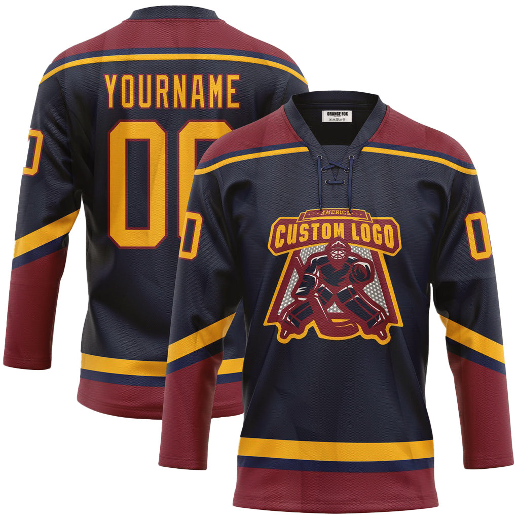 Custom Navy Gold-Crimson Neck Hockey Jersey For Men & Women