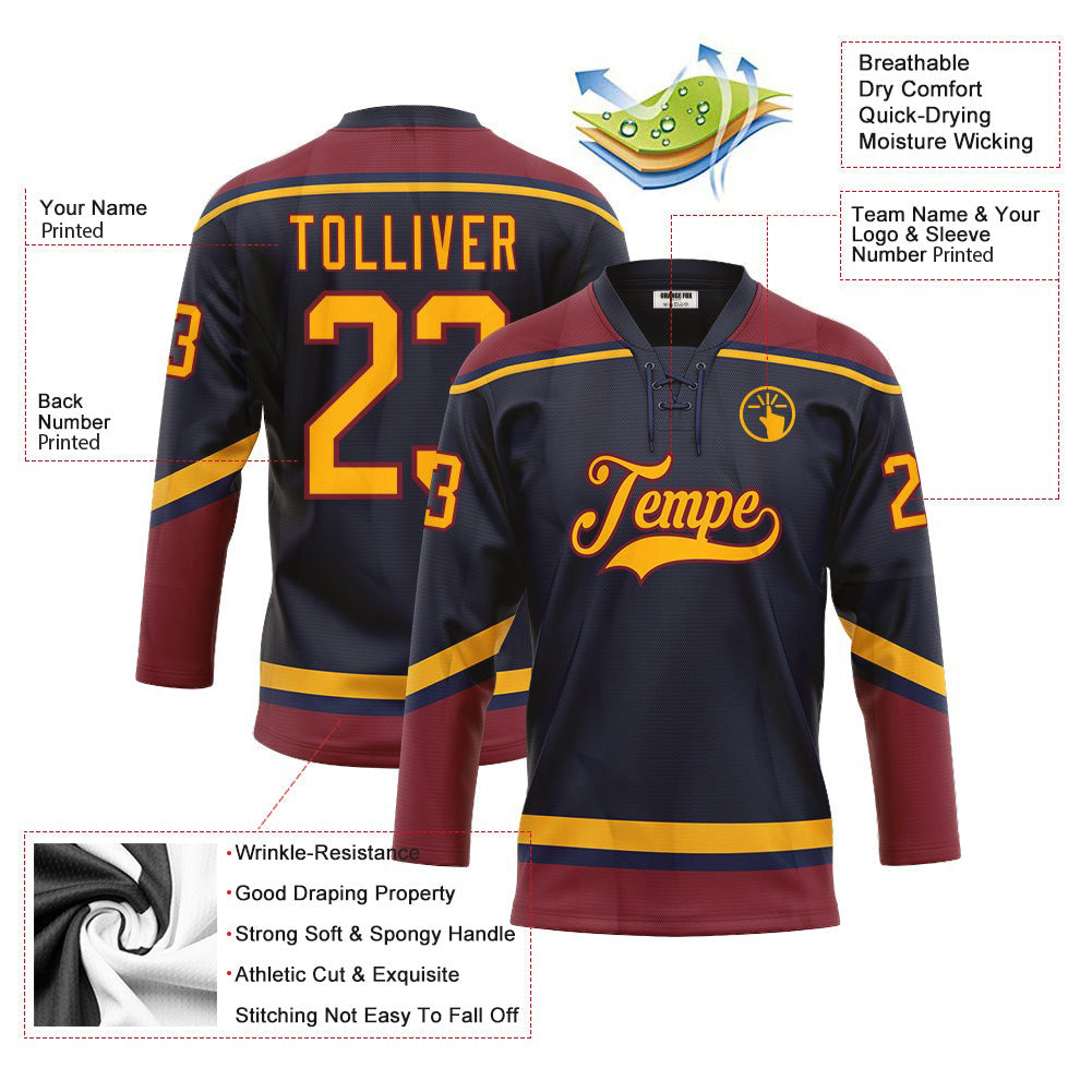 Custom Navy Gold-Crimson Neck Hockey Jersey For Men & Women