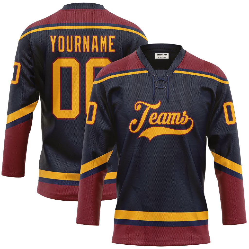 Custom Navy Gold-Crimson Neck Hockey Jersey For Men & Women