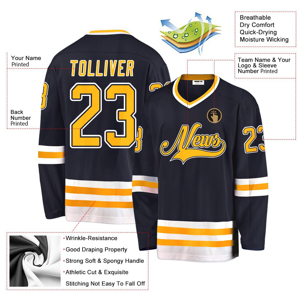 Custom Navy Gold-White V Neck Hockey Jersey For Men & Women