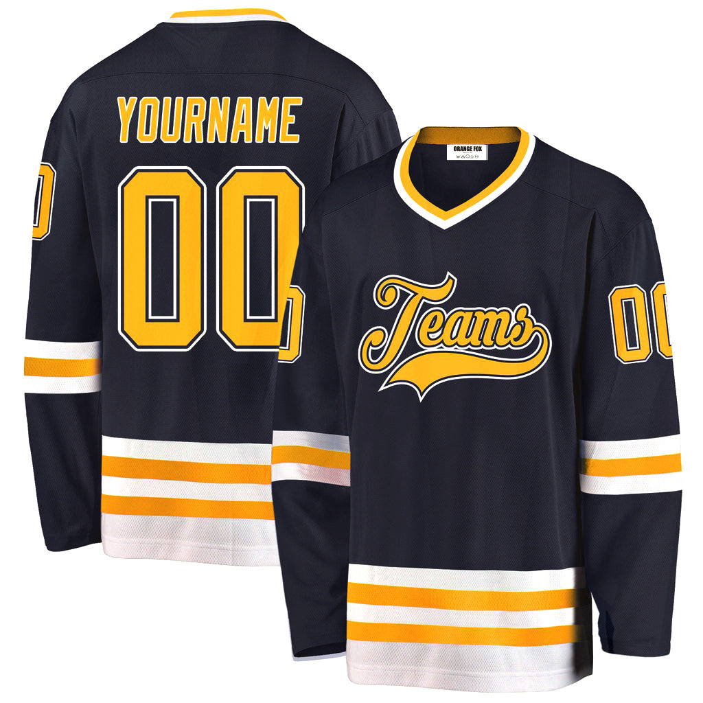 Custom Navy Gold-White V Neck Hockey Jersey For Men & Women