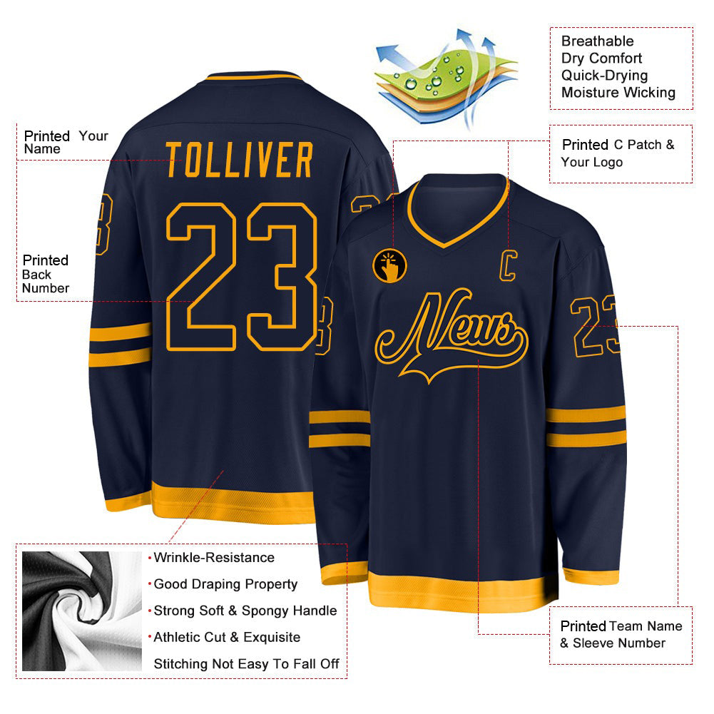 Custom Navy Navy-Gold V Neck Hockey Jersey For Men & Women