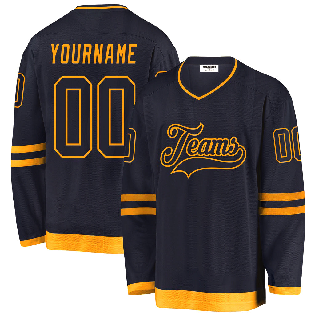 Custom Navy Navy-Gold V Neck Hockey Jersey For Men & Women