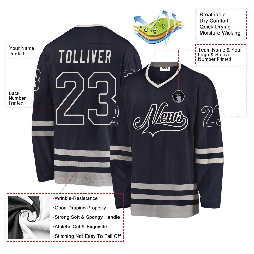 Custom Navy Navy-Gray V Neck Hockey Jersey For Men & Women