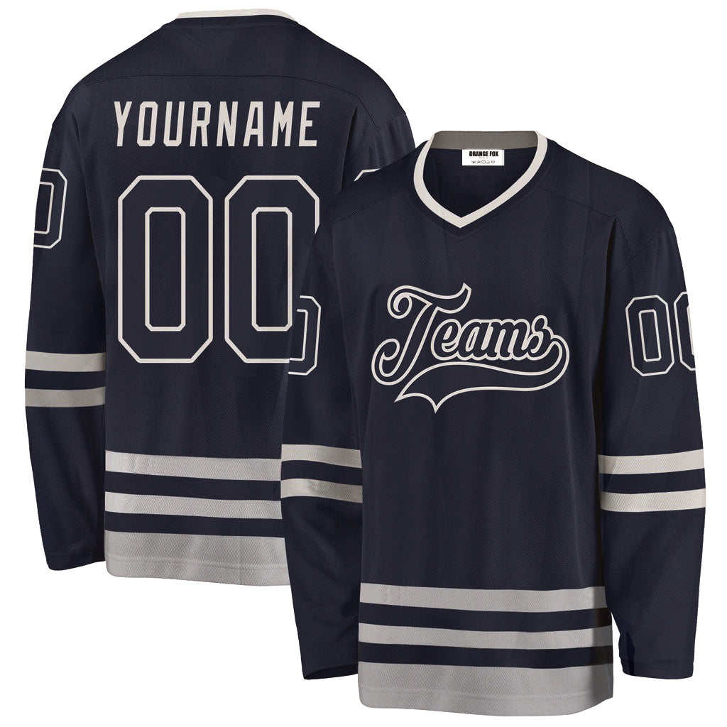 Custom Navy Navy-Gray V Neck Hockey Jersey For Men & Women